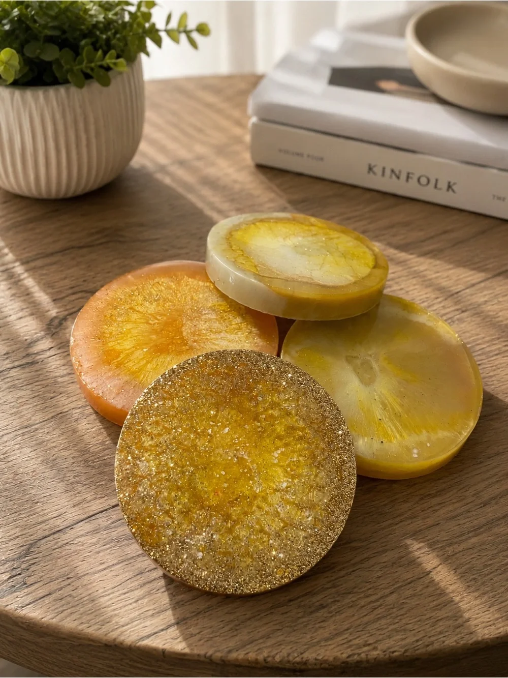 Handcrafted Yellow & Gold Resin Coaster Set - 4 Pack